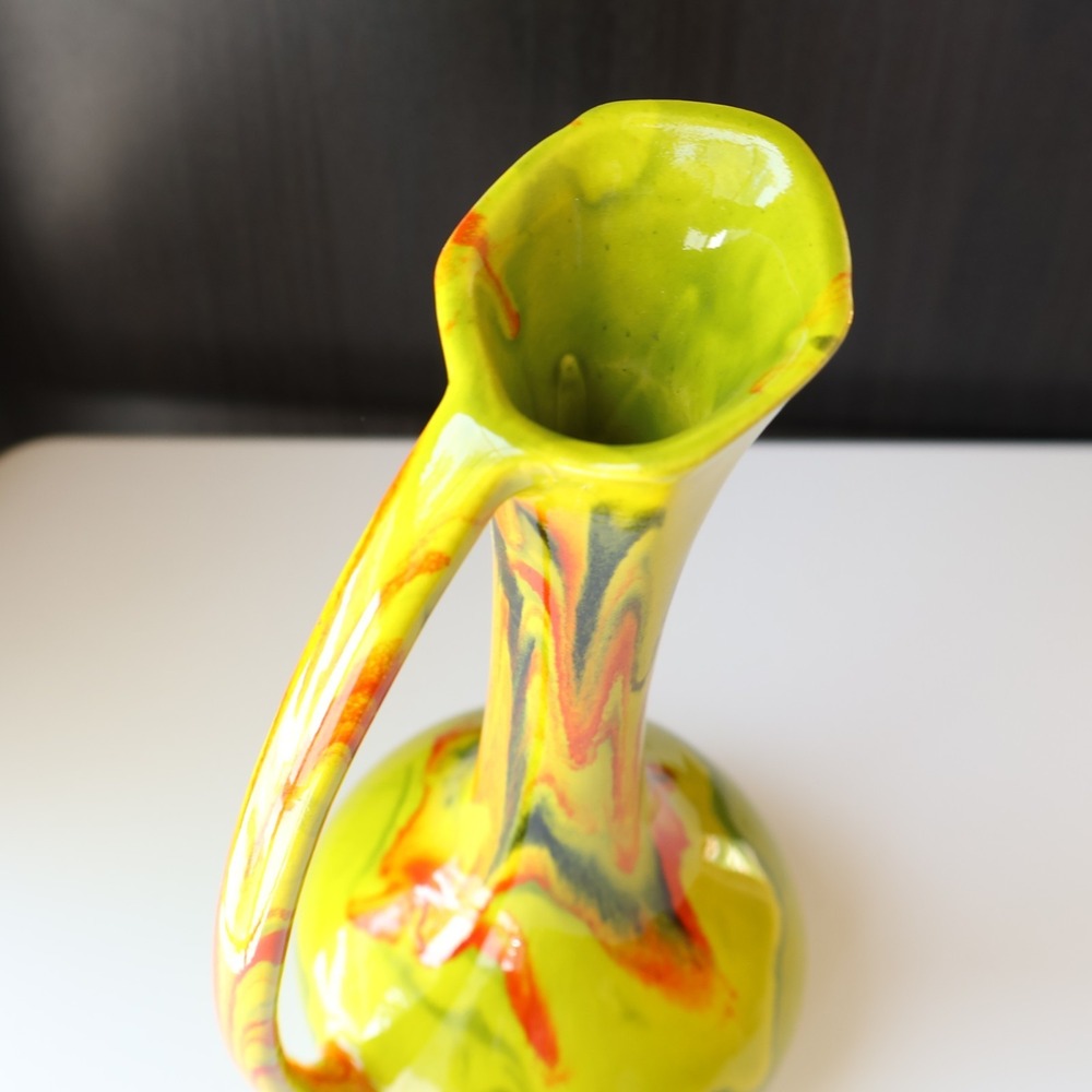 Vintage Mid Century Yellow Orange Drip Glaze Ceramic Ewer Pitcher Vase 9" - Picture 6 of 8
